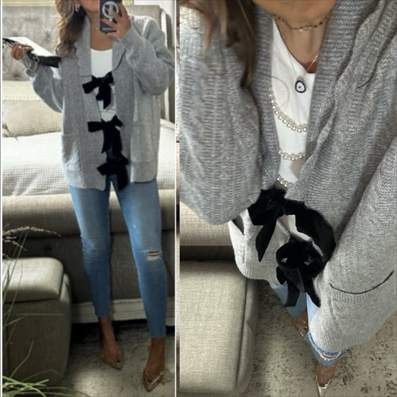 Last one ❤️New🍂 🎀 Velvet Bow Cable Cozy Statement Cardigan - Picture 7 of 10